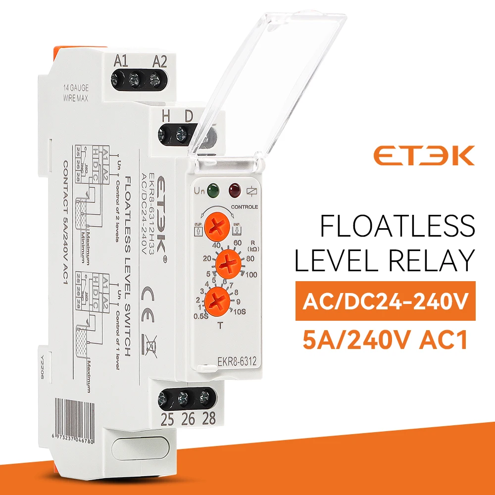 ETEK Bezprzepływowy przełącznik przekaźnika poziomu wody Elektroniczny kontroler poziomu cieczy 5A AC 220V SPDT 12V EKR8