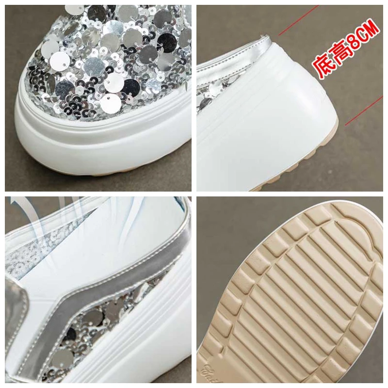 Fujin 8cm Genuinw Leather Synthetic Slip on Platform Wedge Slippers Sandal Bling Women ROME Pump Summer High Heels Fashion Shoes