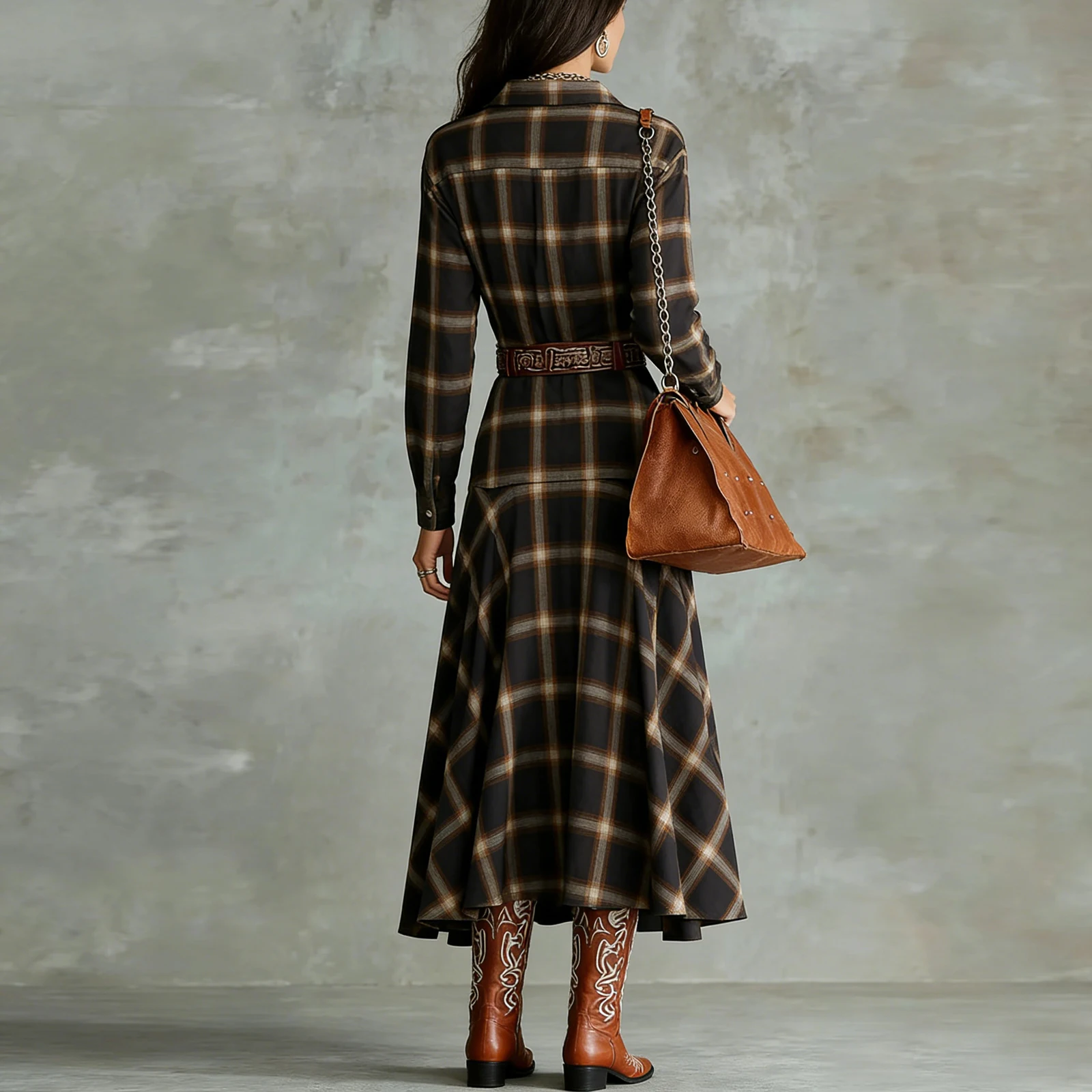 Women Vintage Plaid Shirt Dress Long Sleeve Elegant Temperament Maxi Dress Ladies Chic Casual Western Style Party Dress