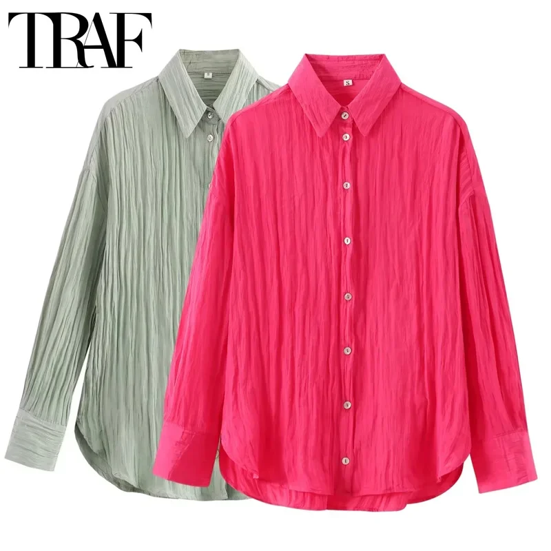 TRAF Creased Long Shirts For Women Casual Button Up Shirt Top Woman Summer Collared Long Sleeve Shirt Pleated Loose Blouse