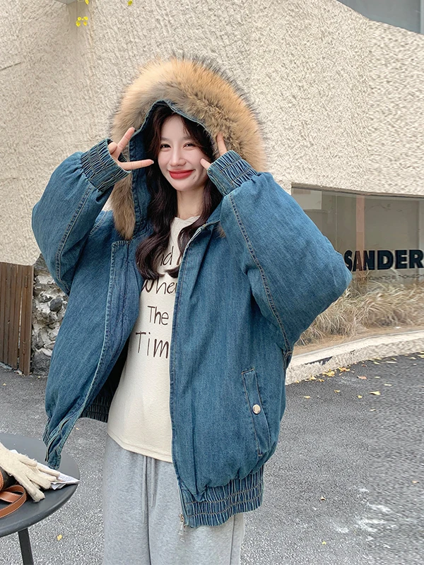 여성용 오르트 두 다운 재킷 캐주얼 루즈핏 따뜻한 데님 코트 리얼 퍼 칼라 겨울 아우터웨어 지퍼 케트