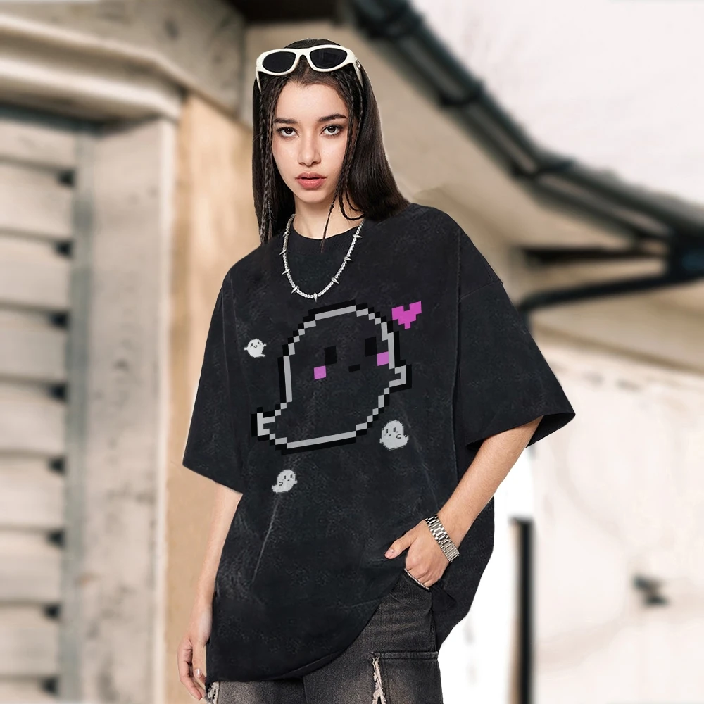 Harajuku Washed Short Sleeved Shirt Multiple Colors Cotton Luxury Brand T-shirts Cute Ghost Pattern Printed T Shirt Streetwear