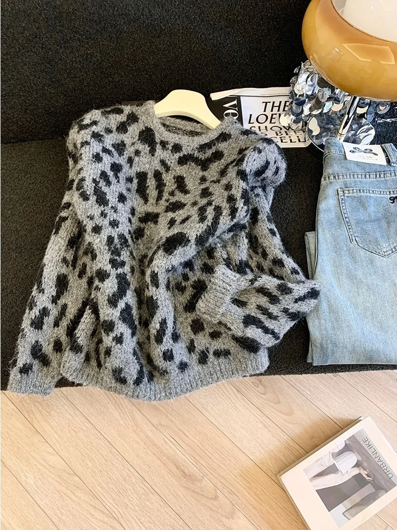

Retro Leopard Print round Ne Long Sve Women's Knitwear Loose Fit Faionable Versatile Autumn Winter Lazy Sle Sweater