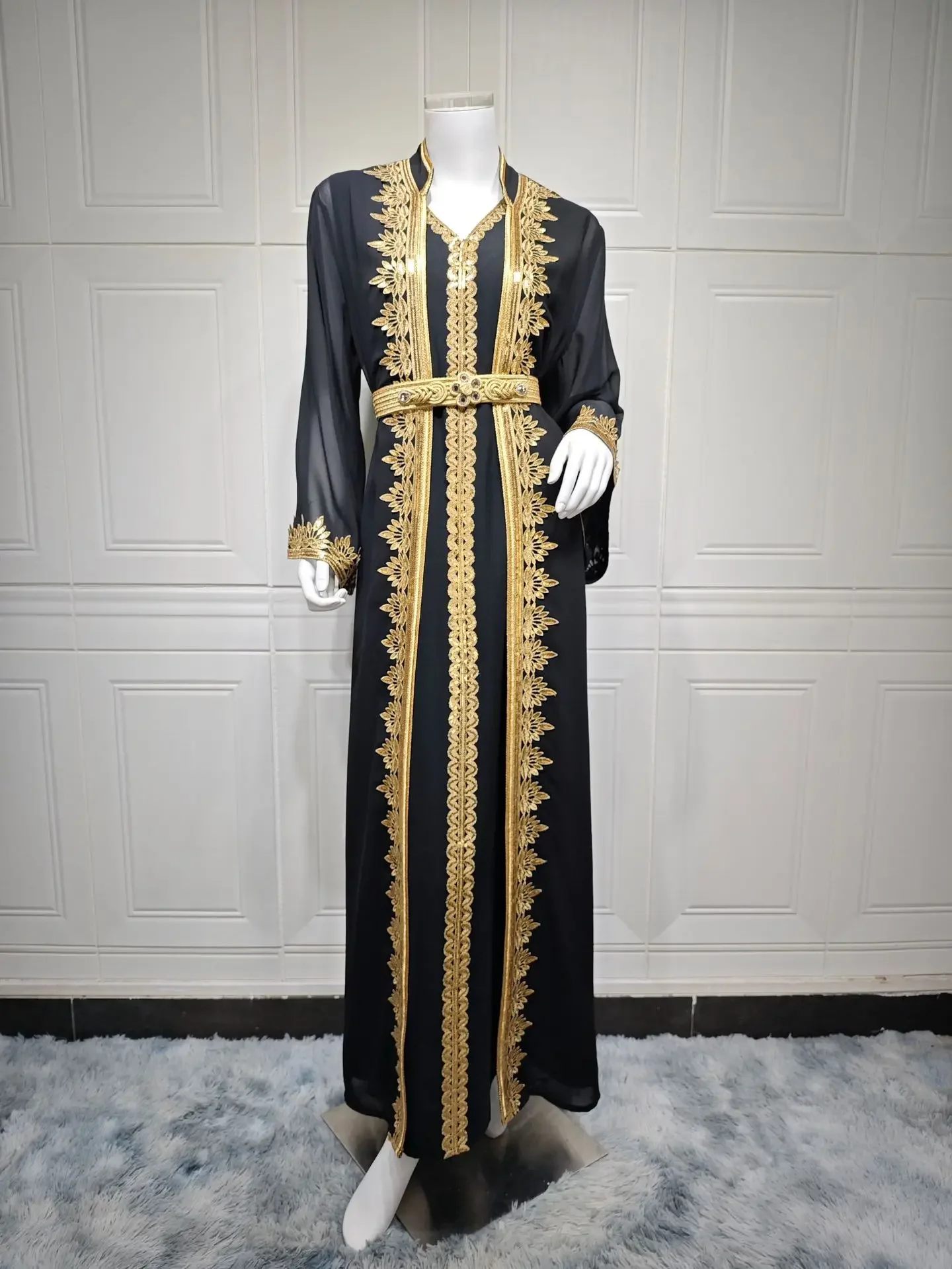 Chiffon Ribbon Abaya 2 Piece Set Kimono + Inner Dress Kaftan Muslim Suit Sets Abayas for Women Dubai Luxury Party Islam Outfits