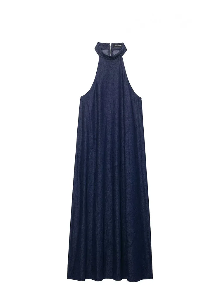 เดรสยีนส์ยาวทรงพลีทแบบคล้องคอ ดีไซน์หรูหราสำหรับผู้หญิง  ซิปหน้า แฟชั่นฤดูร้อน แขนกุด สีพื้น ทันสมัย