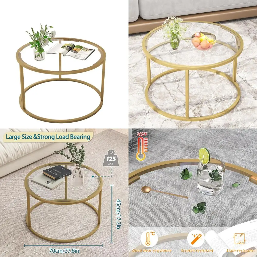 

Sturdy Clear Glass Coffee Table, 27 Round Gold Accent, Ideal for Small Spaces, Easy Assembly for Living Room/Home Office