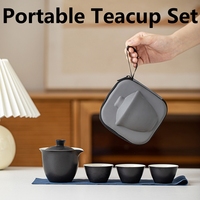 PortableTeacup Set Travel Tea Kit 1 Bowl 3 Cup Durable Minimalist Chinese Style Ceramic Kung Fu Teaware Outdoor Camping Bag