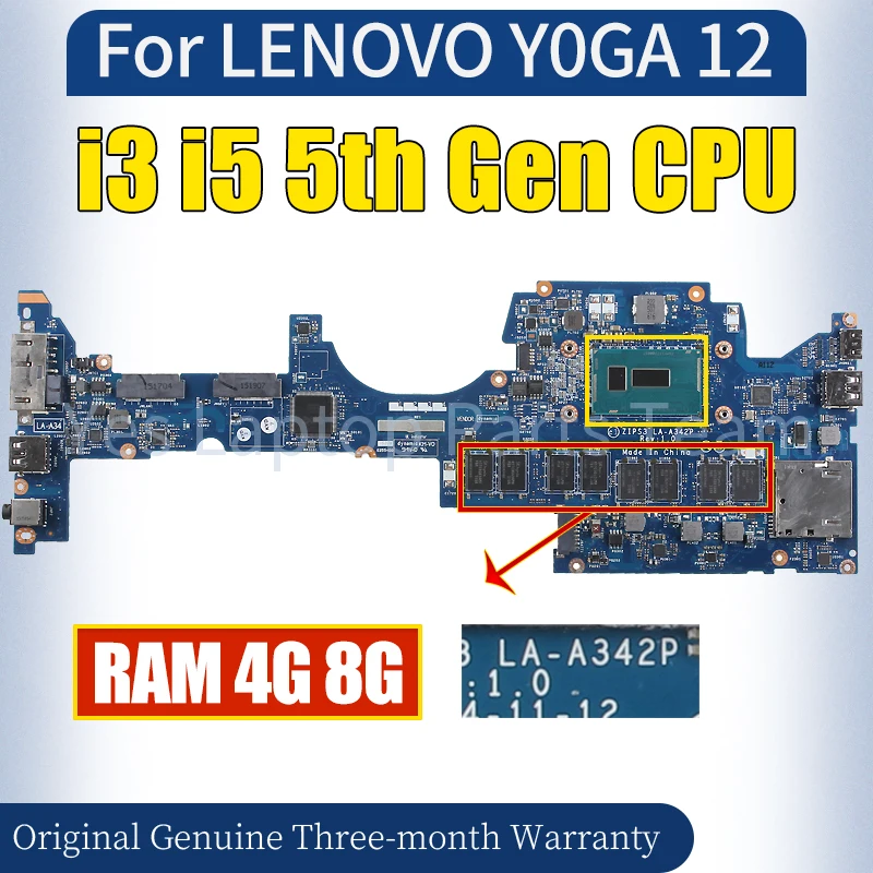 LA-A342P For Lenovo Y0GA 12 Laptop Mainboard i3 i5 5th Gen 4G 8G RAM 00HT789 01AY502  100％ Tested Notebook Motherboard