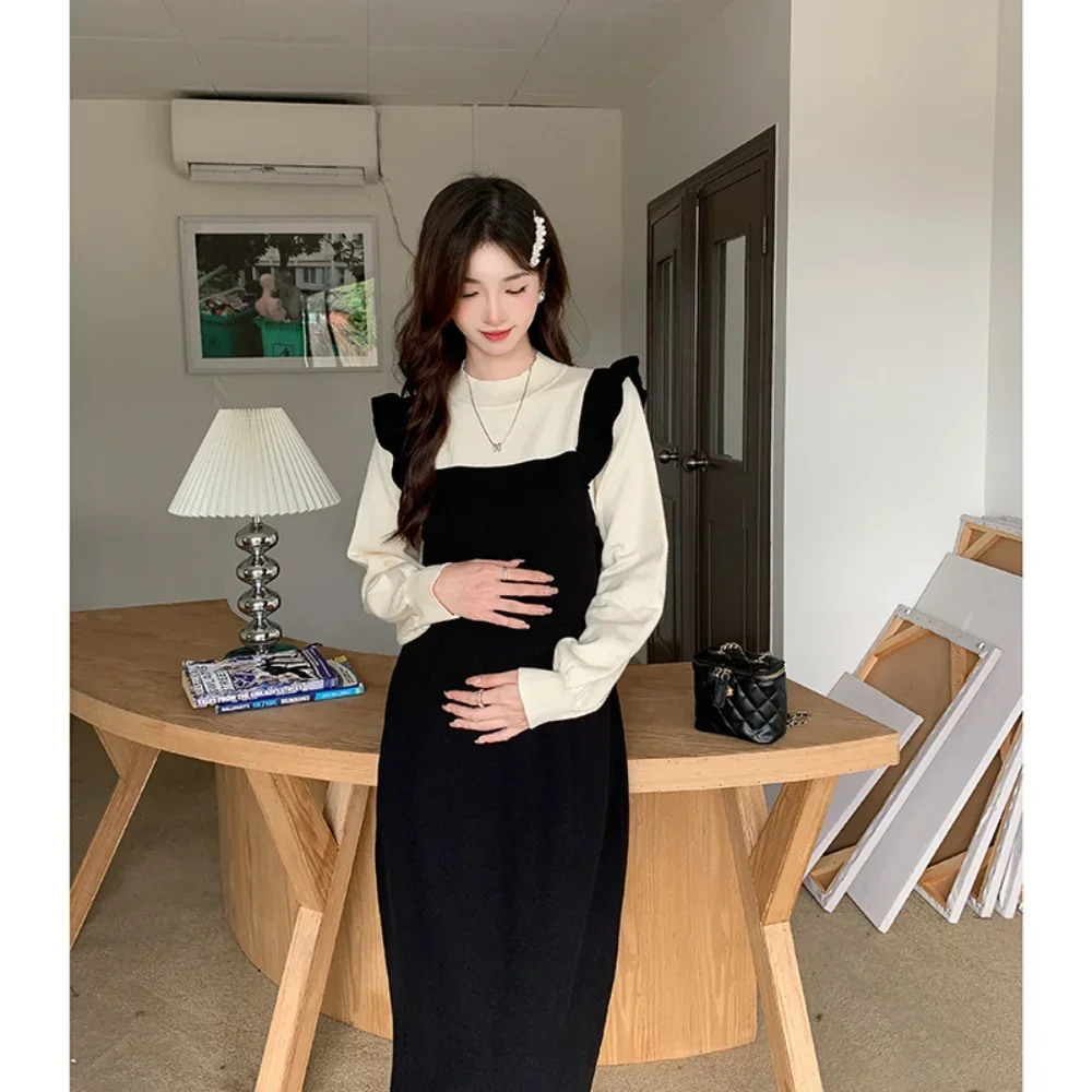 Maternity Dress Autumn Winter Long Sleeve Stitching Fake Two Pieces Clothes for Pregnant Women Knitted Pregnancy Dresses