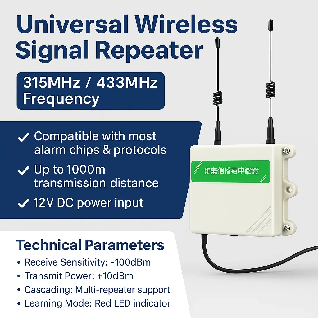 433MHz  Wireless Signal Repeater Extender for Alarm System Remote Control Receiver Transmitter Range Booster DC12V