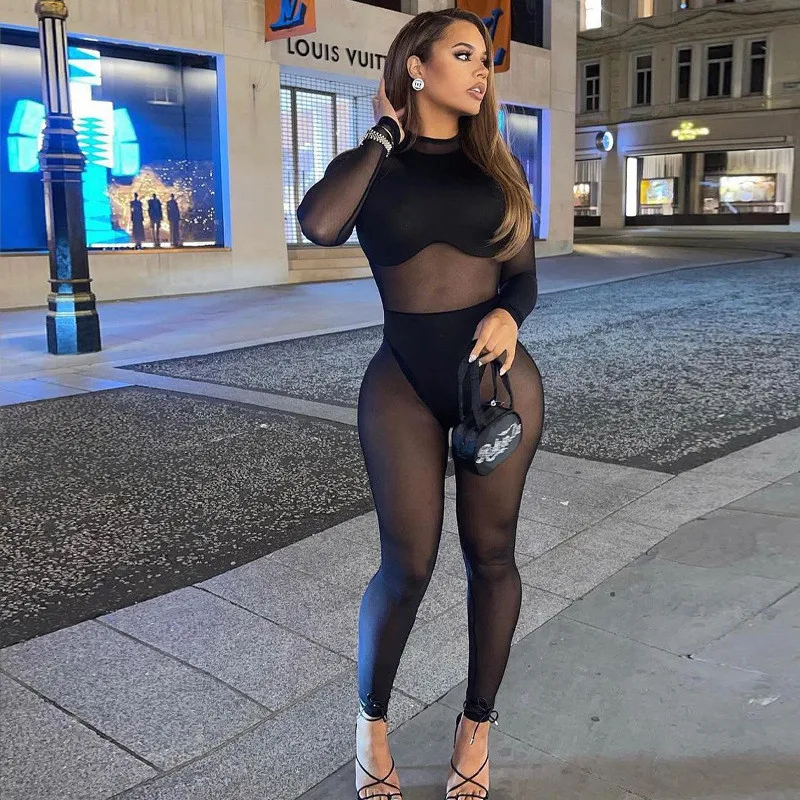 Women Long Sleeve Bodycon Sexy Jumpsuits Black See Through Mesh Patchwork Rompers Fashion Nightclub Party Wear Female Clothes