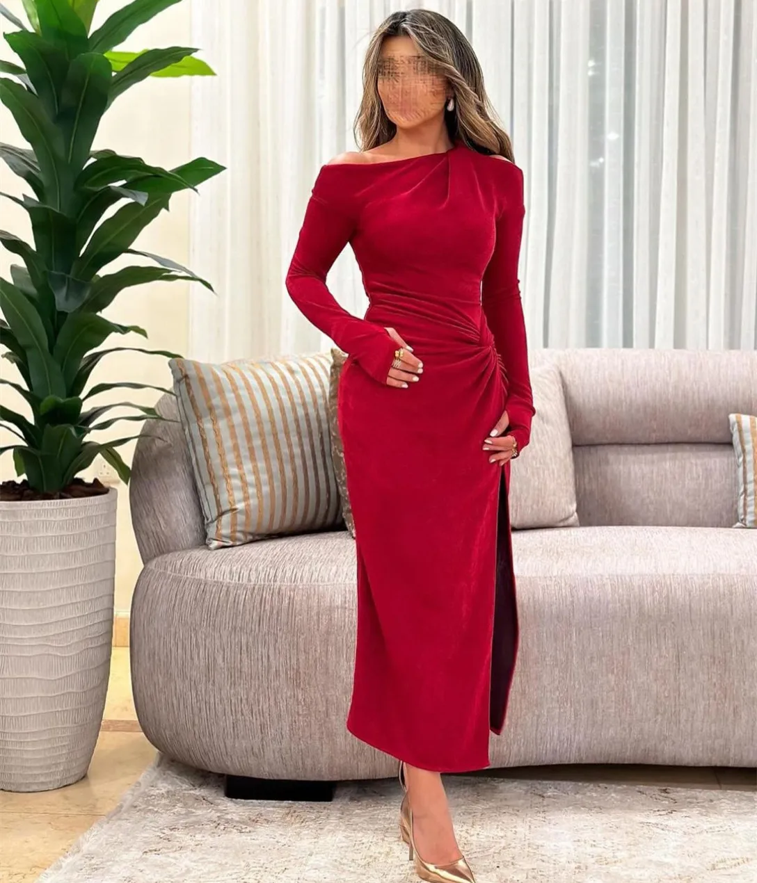 Elegant Short Burgundy Evening Dresses with Slit Sheath Crepe فساتين سهرة Pleated Ankle Length Prom Dress for Women