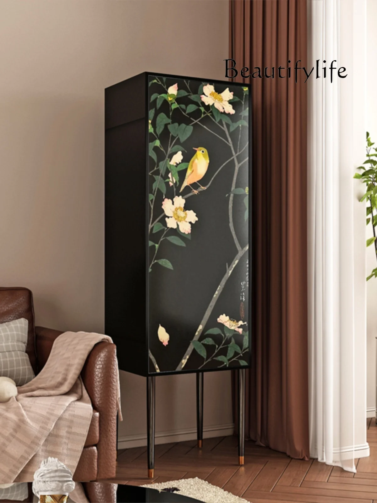 Chinese Ancient Style Flowers and Birds Painted Corner Cabinet American Retro Solid Wood Living Room Wall Storage Cabinet