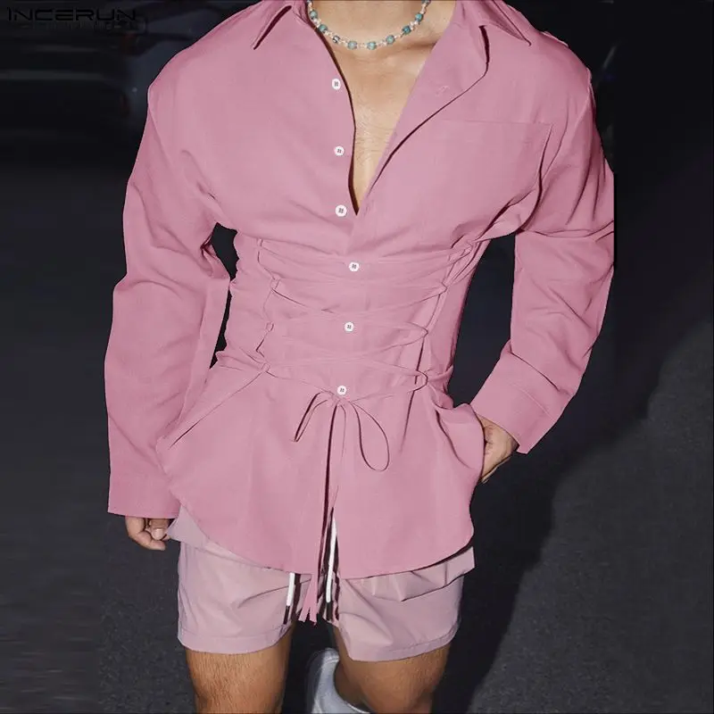 INCERUN 男性シャツ固体ラペル長袖レースアップカジュアル男性服ルーズ Streewear ファッションレジャートップス男性シャツ S-5XL