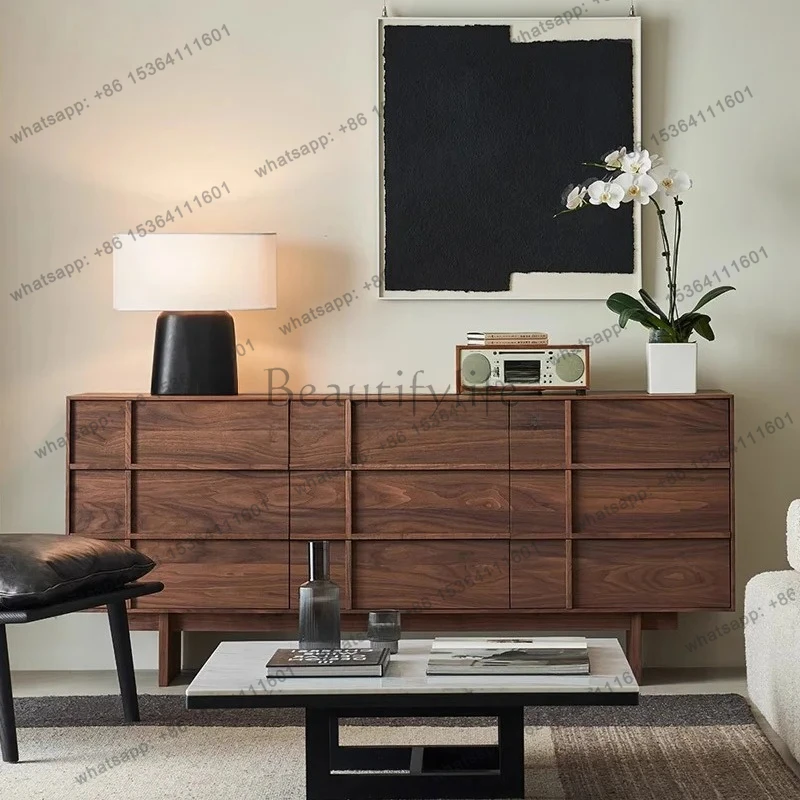 

black walnut dining side cabinet medieval wabi sandy wind retro simple living room storage bone line nine chest cabinet