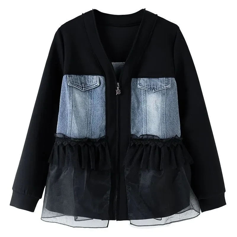 Spring Autumn Short Denim Join Together Coat Women 2024 New Fashion Loose Casual Jacket Black Gauze Temperament Outerwear Female