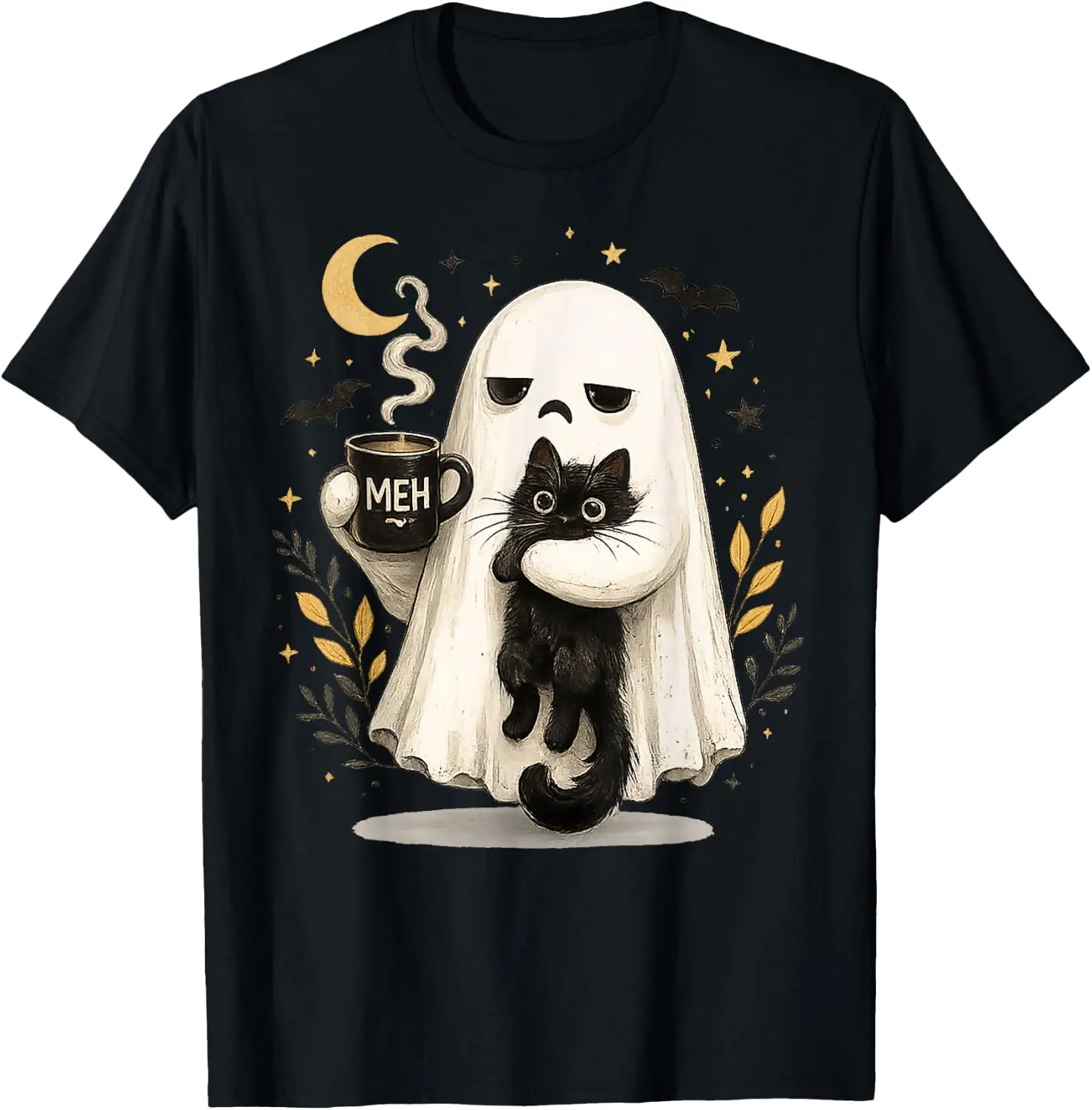Meh Ghost Spooky Black Cat Funny Halloween Coffee Lover T-Shirt Unisex Fashion Printed T‑Shirt for Men Women, 100% Cotton Crew Neck Soft Lightweight Anti‑Pilling Tees,fashion printed t‑shirt, unisex graphic tee, , casual gift t‑shirt
