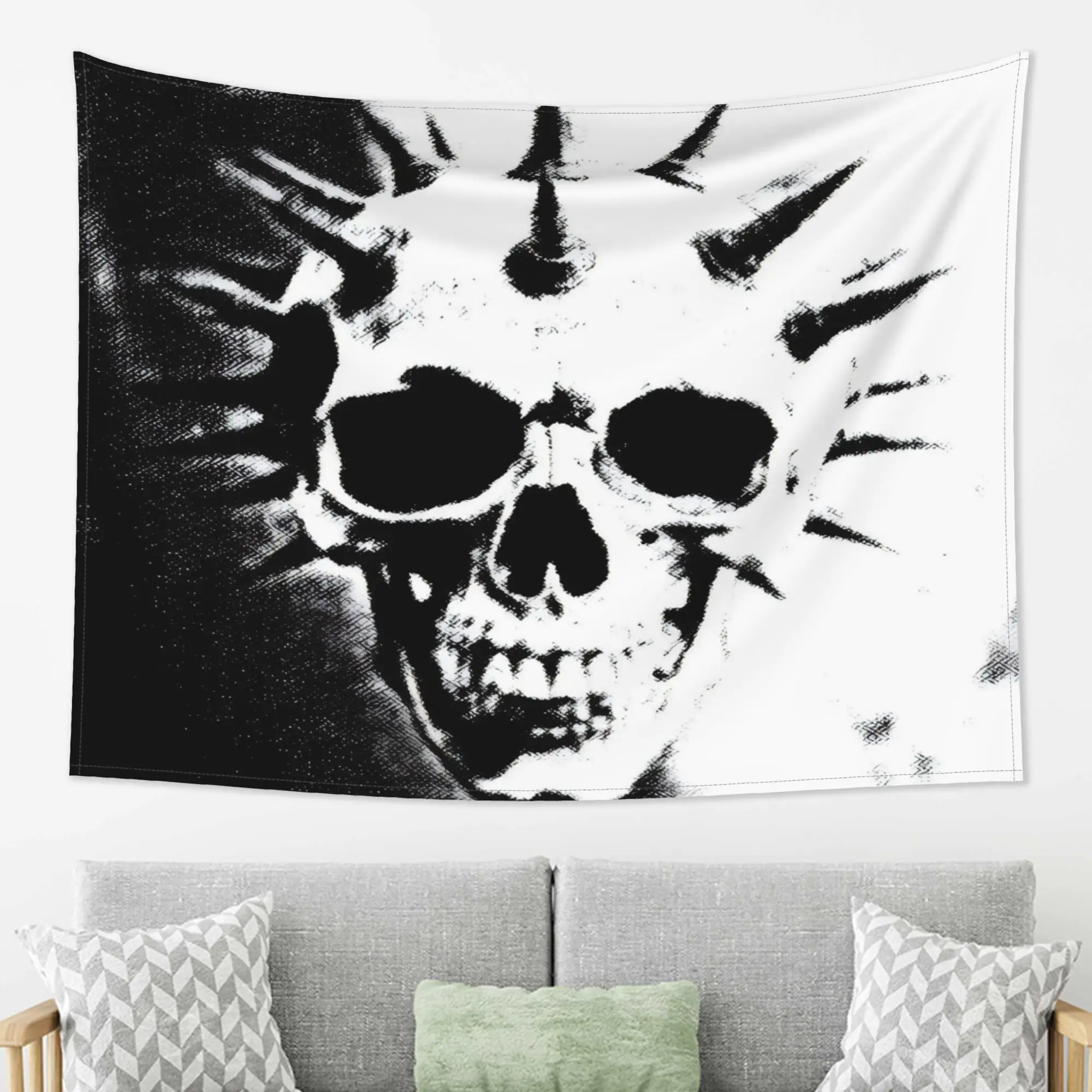 VIKAMA Dark Punk Spike Skull Tapestry Wall Art Hanging for Bedroom Living Room Decor Black and White Vintage Vintage Printing