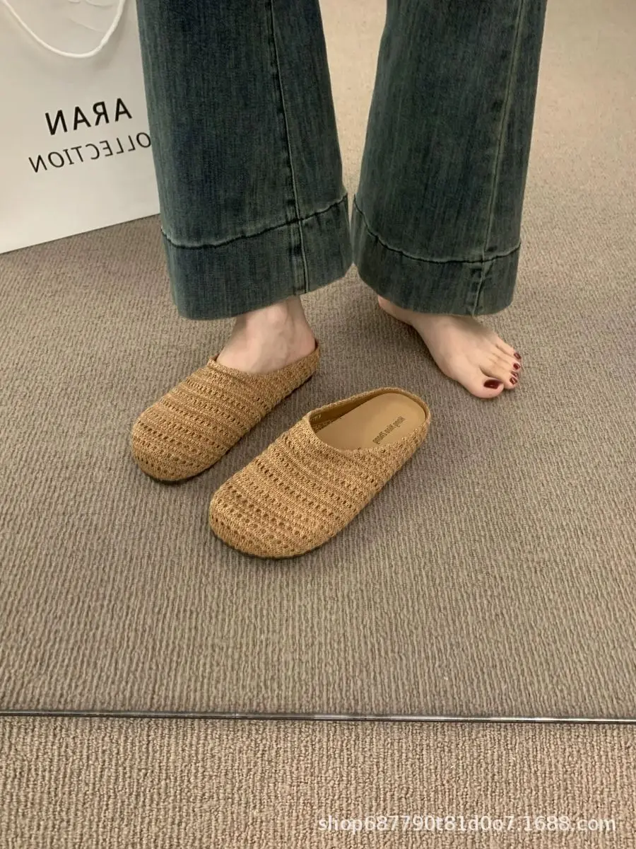 Handgewebte, dicke, offene Zehenschuhe im koreanischen Stil, flache, rutschfeste Pantoffeln für Damen, flache Sandalen – Detail 7