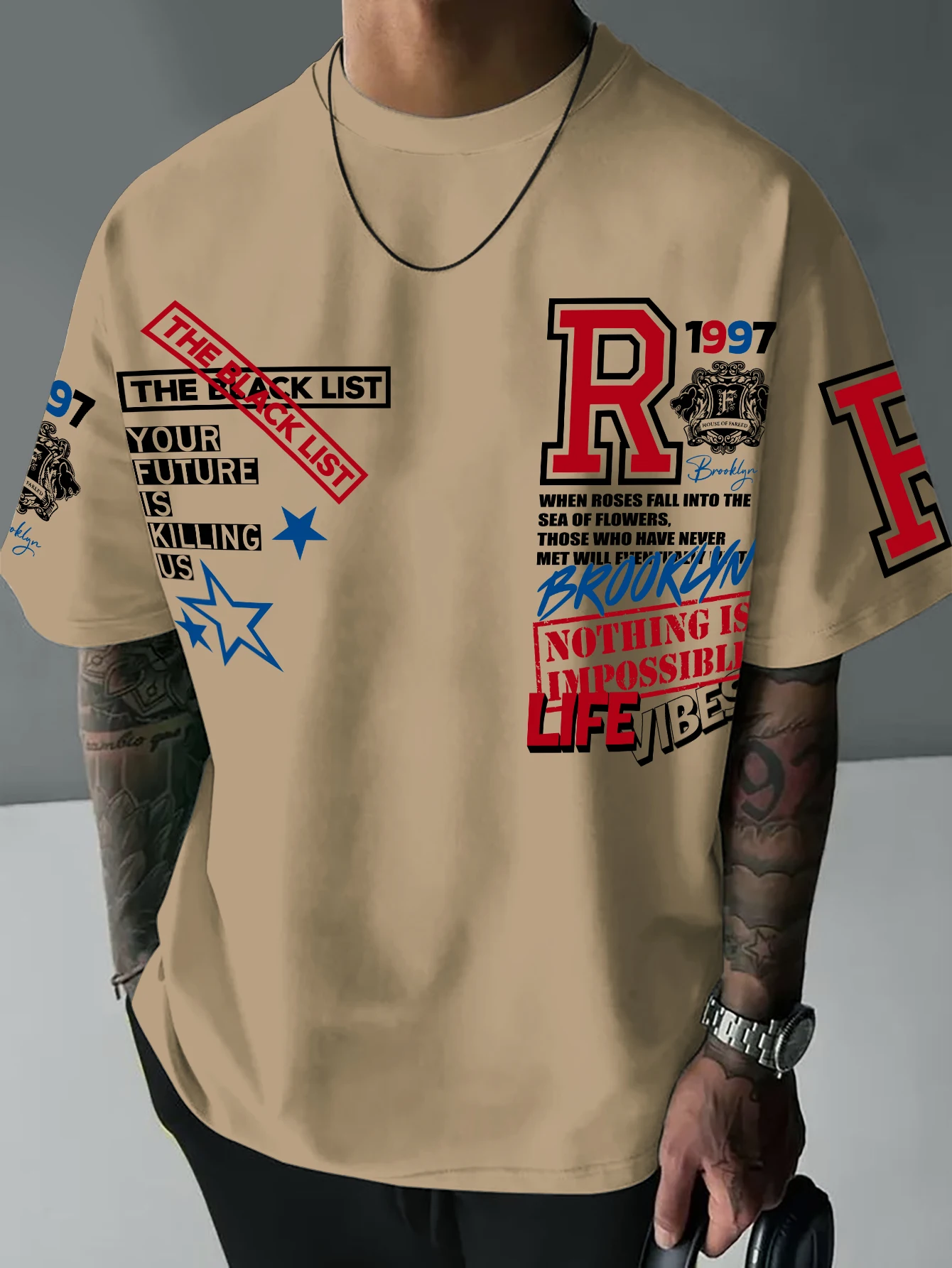 Men's Oversized Crew Neck Short Sleeves T-Shirt with Vintage Collegiate, New Streetwear Look for Summer&Spring, Y2K