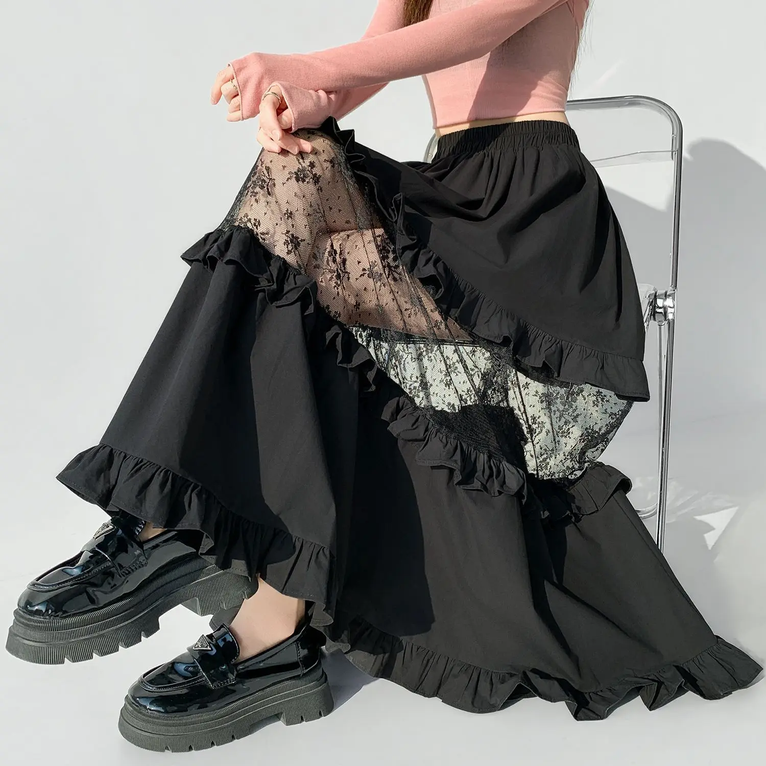 

Новая женская летняя юбка с кружевными вставками и прозрачными элементами, с высокой талией, свободного кроя, с волнистым краем, А-силуэт, пышная