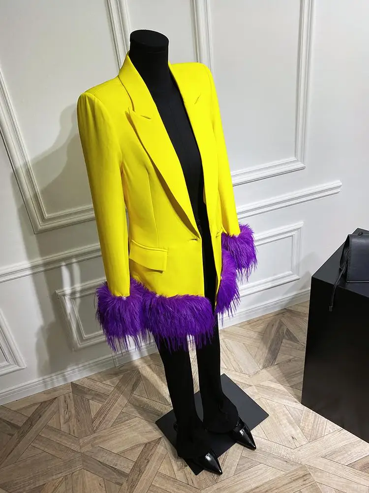 

Faionable Winter Women's Suit Jaet Detachable Feather Commute Sle Long Sve Mid-Length Pure Color D930 New 2025