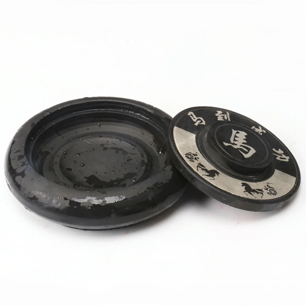 Durable Round Calligraphy Inkstone With Protective Lid Natural Stone Grinding Plate For Art Writing Painting Practice