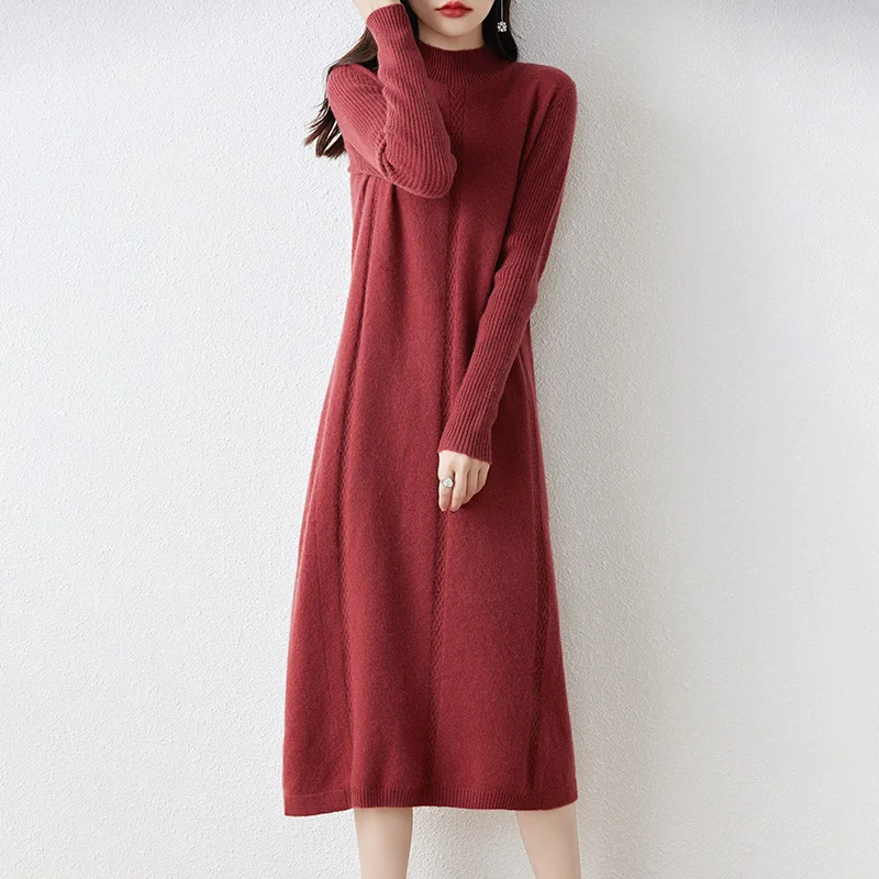 100% Pure Wool Dress Women\'s Autumn And Winter New Semi-High Collar Long Sleeve Slim Hem Cashmere Sweater Knit Long Skirt