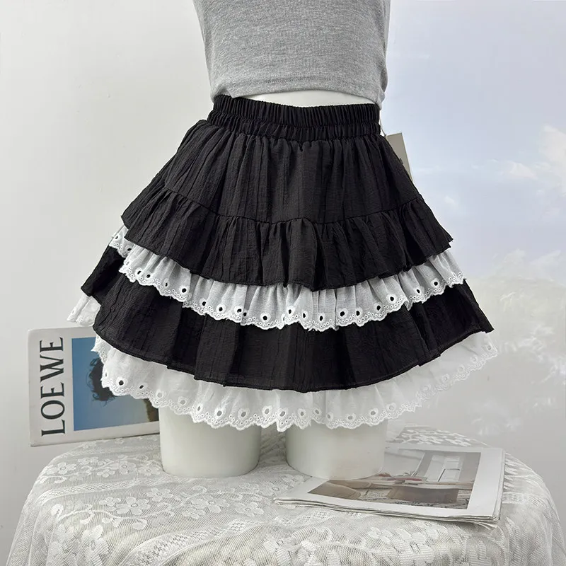 Sweet Lace Patchwork Skirts for Women 2026 Spring Ruffled Tiered A-line Mini Skirt Elastic High Waist Versatile Ball Gown