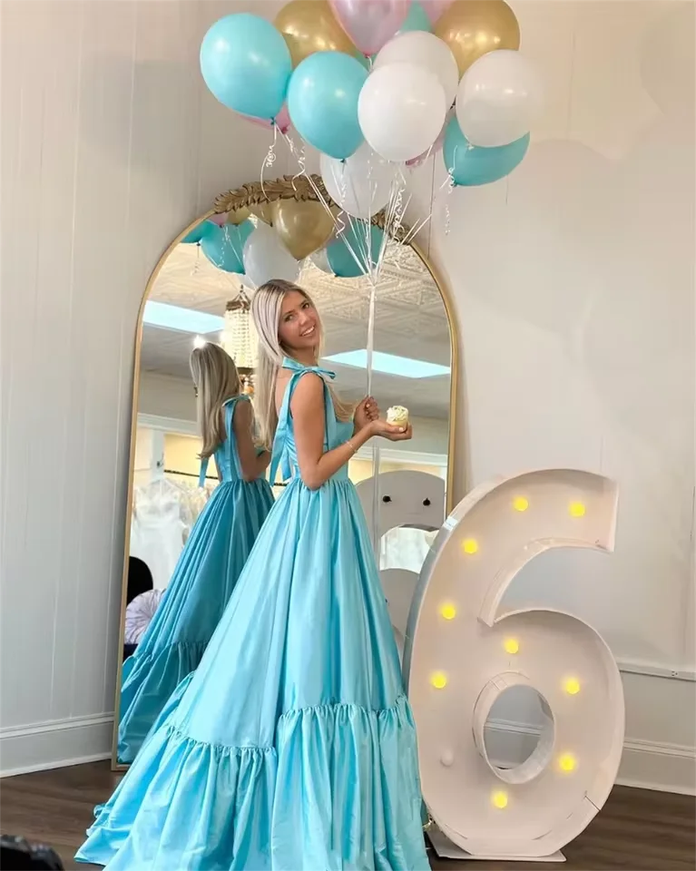 Robe de fête d'anniversaire personnalisée, sans bretelles, avec nœud papillon, robe de remise de diplôme, ligne a en Satin bleu, robes de soirée formelles