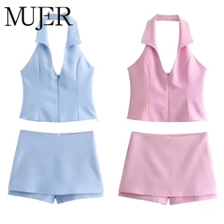 MUJER 2025 Blue Pink Halter Top Woman Off Shoulder Backless Crop Top Women Sleeveless Short Tops Woman Fashion Summer Sexy Tops