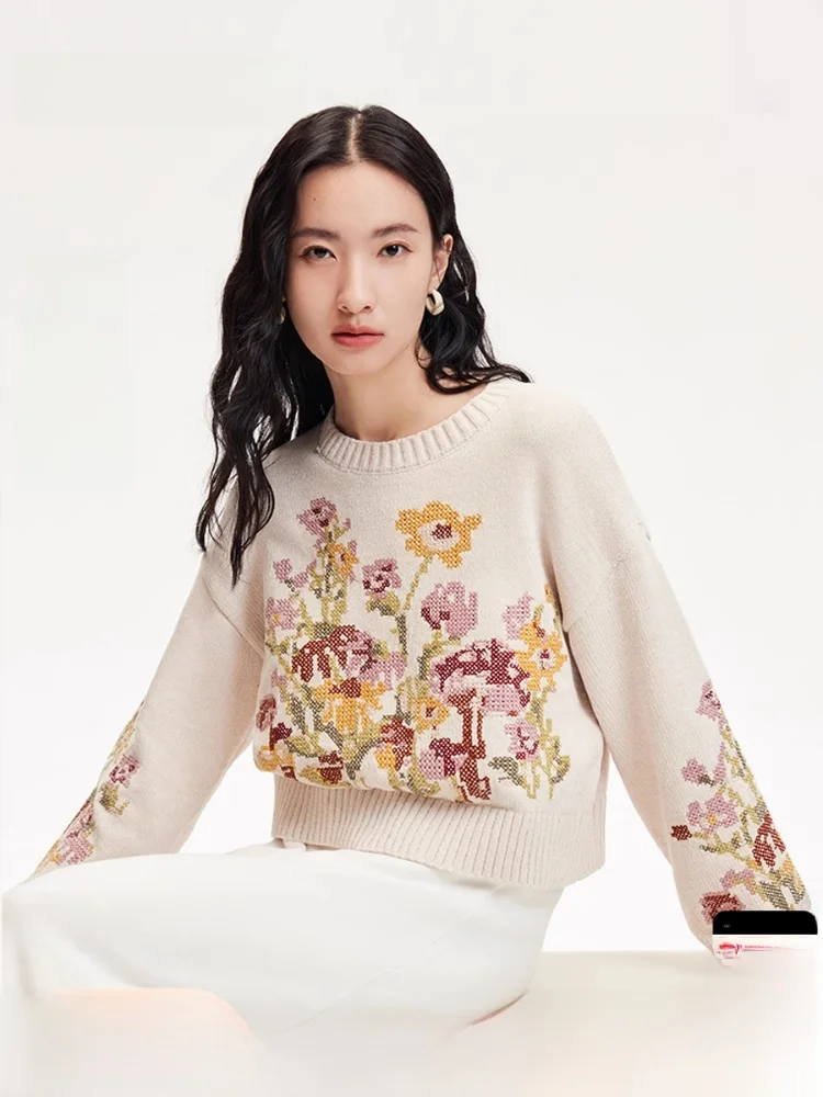 

Women's Knitted Pixel Sensation Hook Flower round Ne Corduroy Top Autumn Winter Faion Casual Loose Fit Long Sve