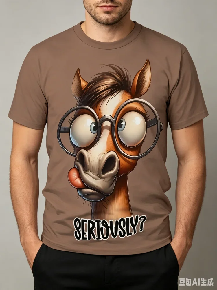 Nouveau T-shirt humoristique pour homme avec motif de cheval de dessin animé à grandes lunettes, style streetwear décontracté, manches courtes, nouveauté