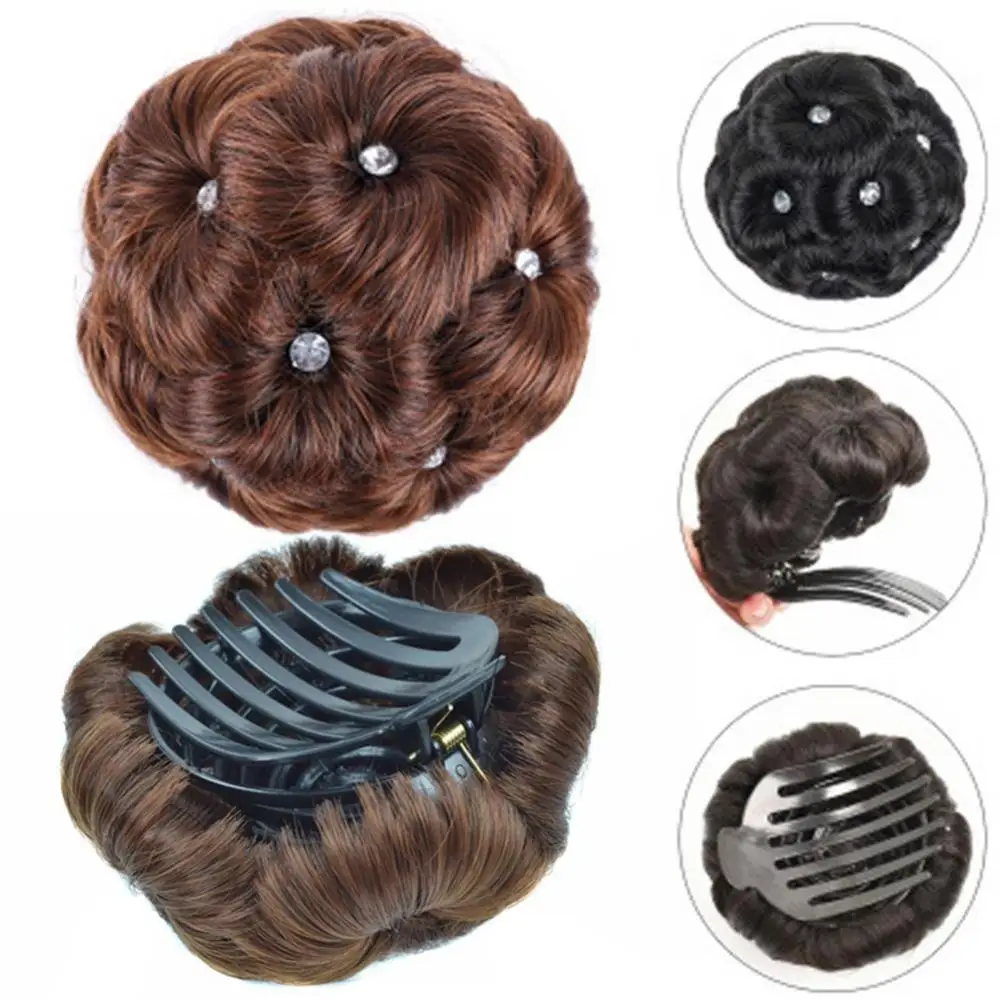 12cm 9 Flowers Hair Extension Bun Faux Crystal Synthetic Bun Hair Wig Elastic Bridal Donut Chignon Messy Bun Claw Clip In Hair