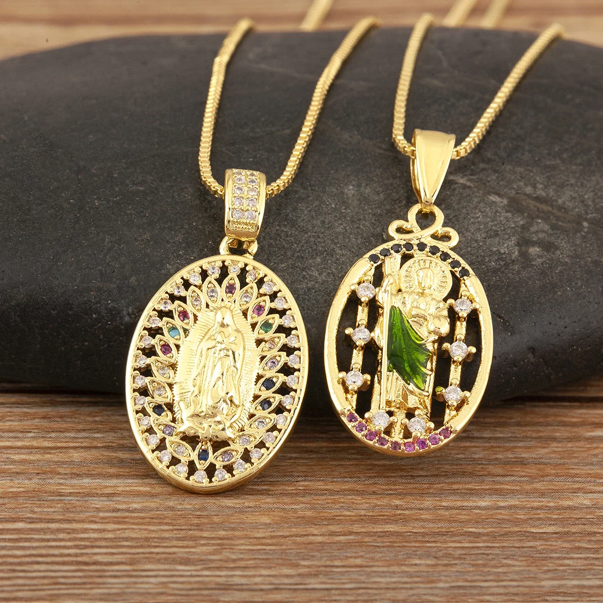 Nidin High Quality Judas/Virgin Mary Charm Pendant Necklace For Women Men Oval Shape Shiny Zircon Religious Style Jewelry Gifts