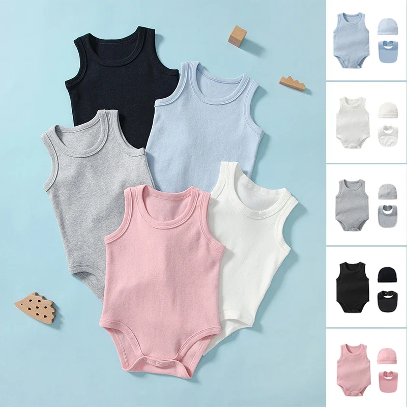 Summer New Baby baby Triangle camisole Male and female baby jumpsuit Solid sleeveless triangle crawling suit Vest 0-12 months