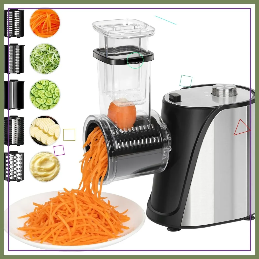 

5-in-1 Electric Food Processor: 250W Automatic Slicer, Shredder, Chopper for Vegetables, Cheese, Fruits with 5 Blades