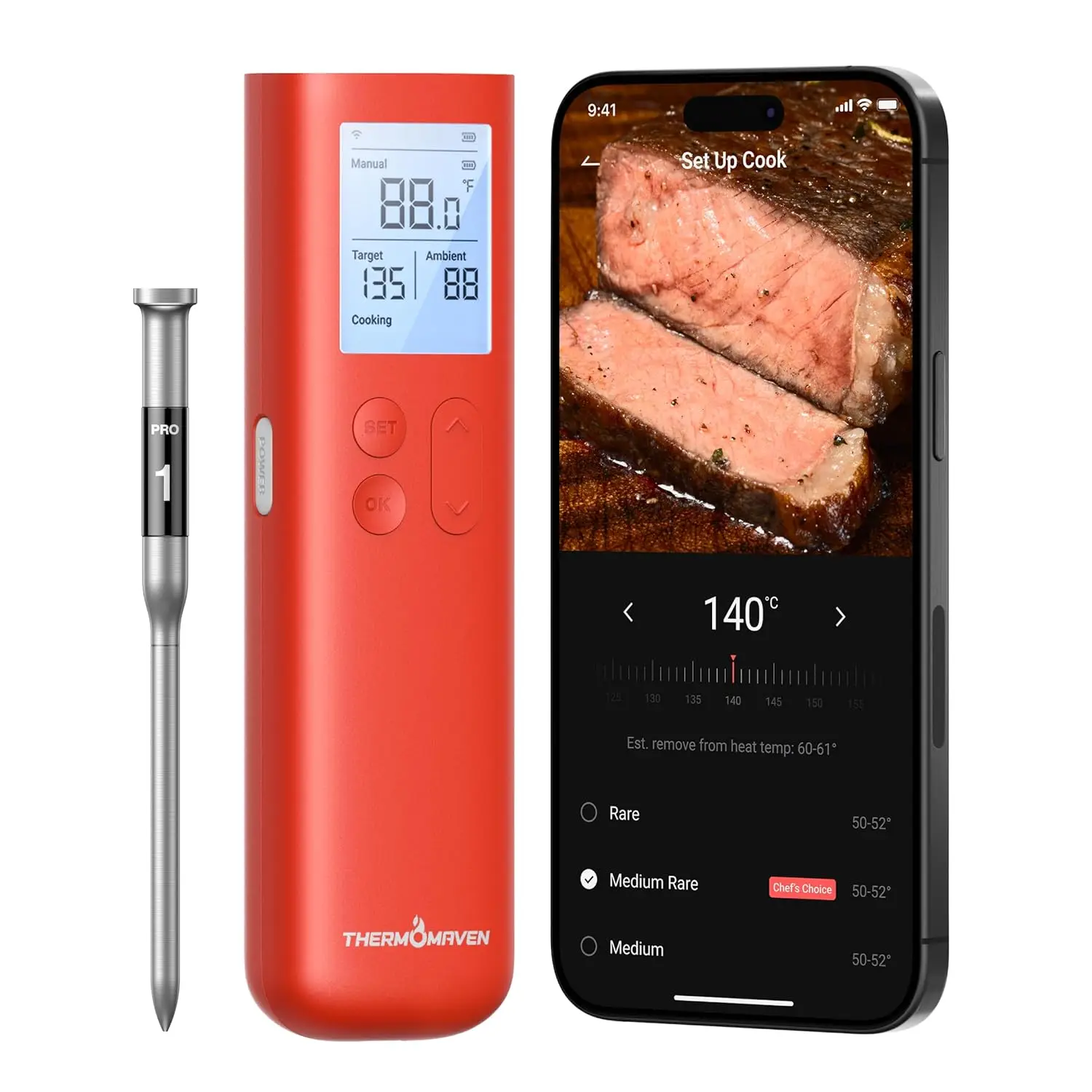 

Smart Bluetooth Wireless Meat Thermometer, 10X Enhanced Sub-1G Signal and Stability, Standalone Display Base, Certif