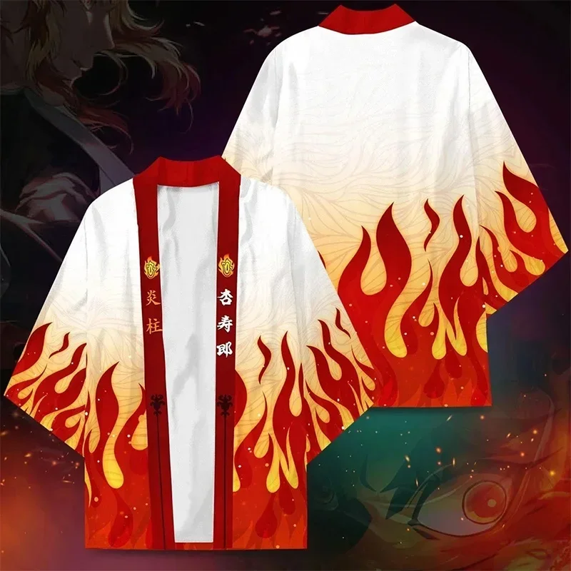 New Anime Demon Slayer Rengoku Kyoujurou Cosplay Costumes Kimono Flame Symbol Teens Cardigan Cloak Haori Pajamas Top