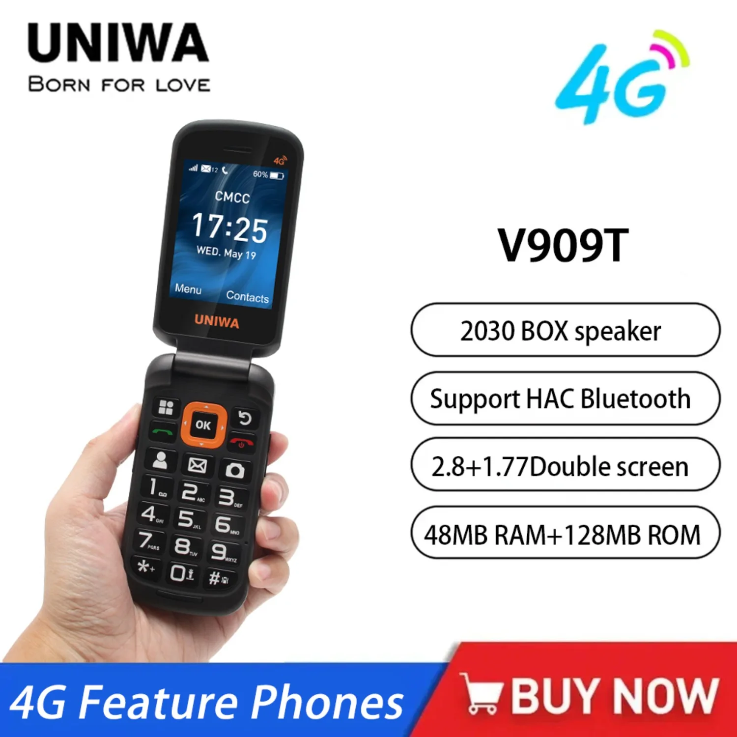 

UNIWA V909T 4G Flip Phone Dual Screen Single Nano Cellphone Big Push-Button Mobile Phone for Elderly 2250mAh Russian Keyboard