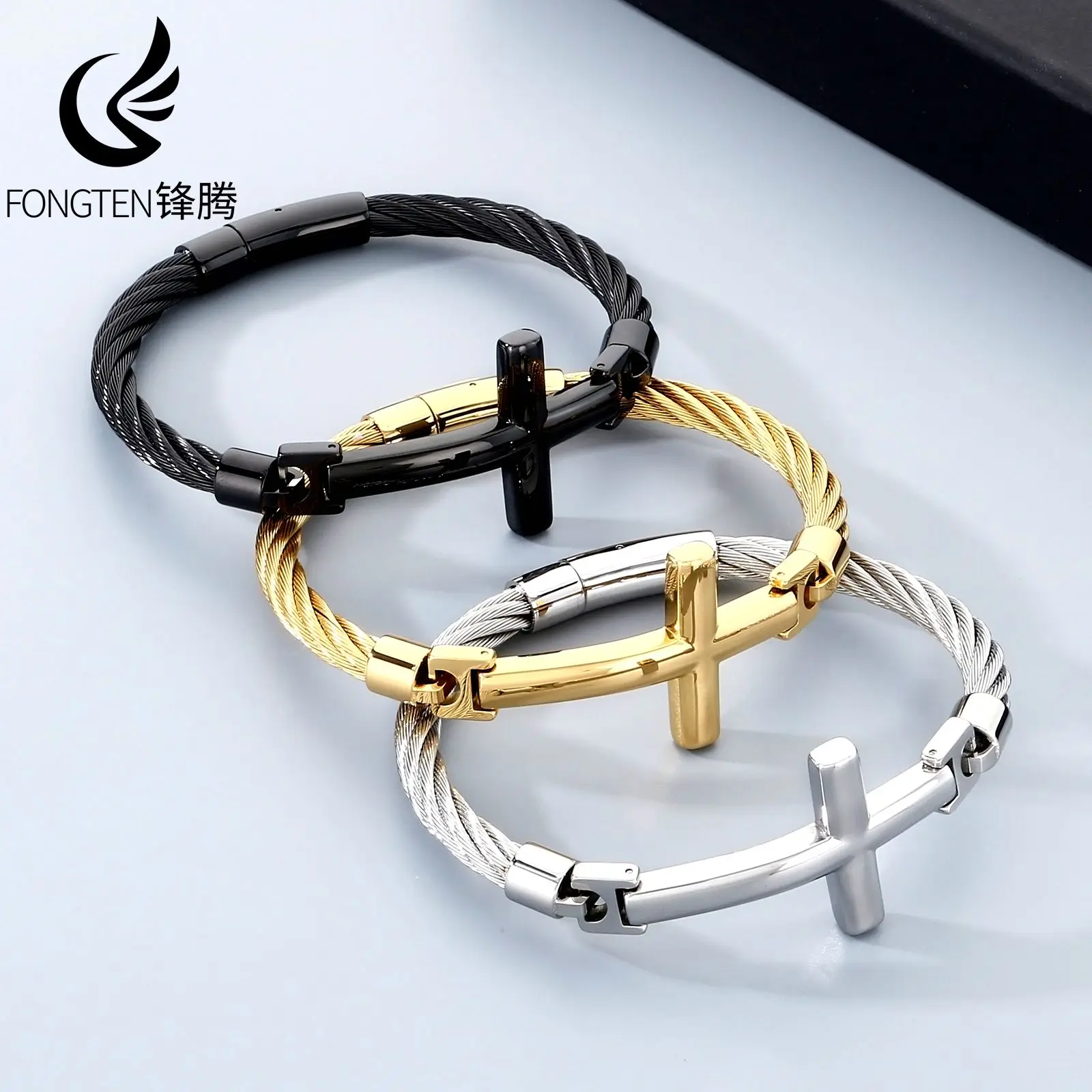 Fongten أسلاك الفولاذ الربط السلس الصليب الفولاذ المقاوم للصدأ الرجال الإسورة الهيب هوب الصبي تنوعا المعصم مجوهرات هدية عيد الميلاد #1
