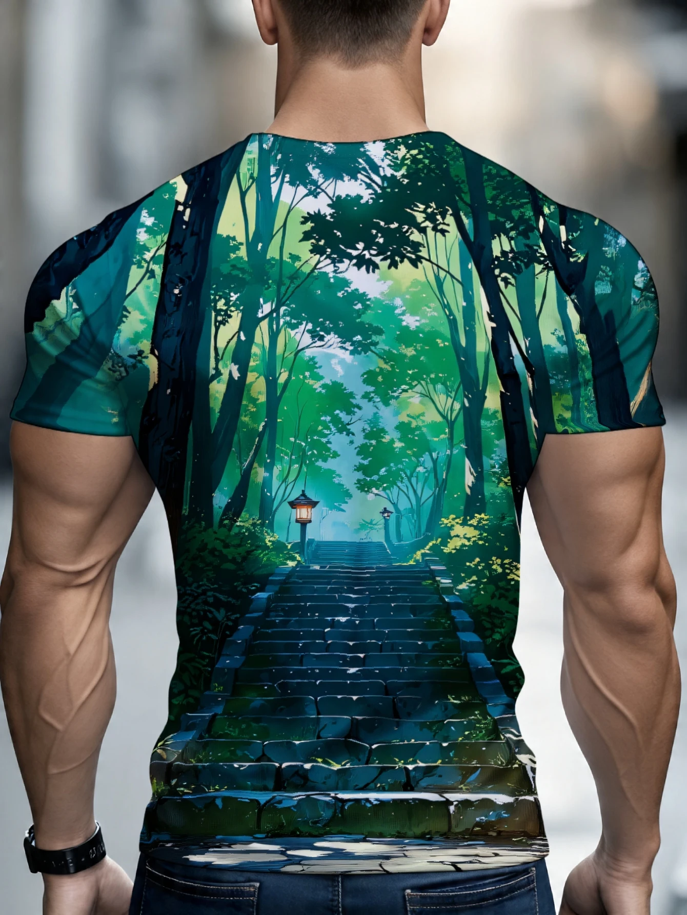Men's Crew Neck Tee 3D Forest Stone Steps Lantern Green Scenery Full Print Casual Tops