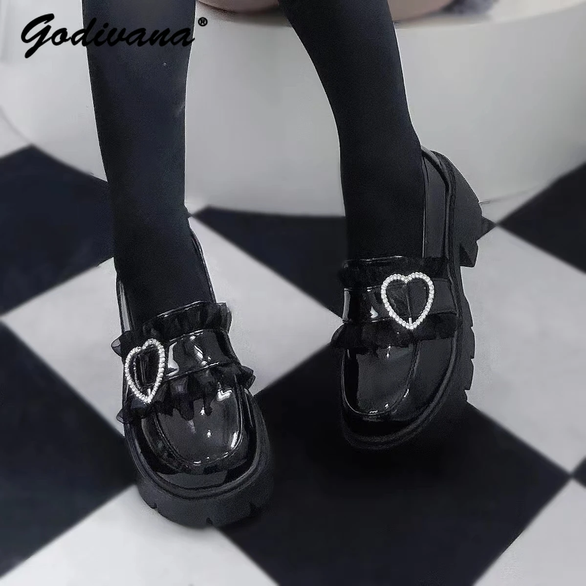 

Mine Series Mass-Produced Heart Shape Rhinestone Lace Round Toe Mid Heel Japanese Cute Girl Women's JK Platform Leather Shoes