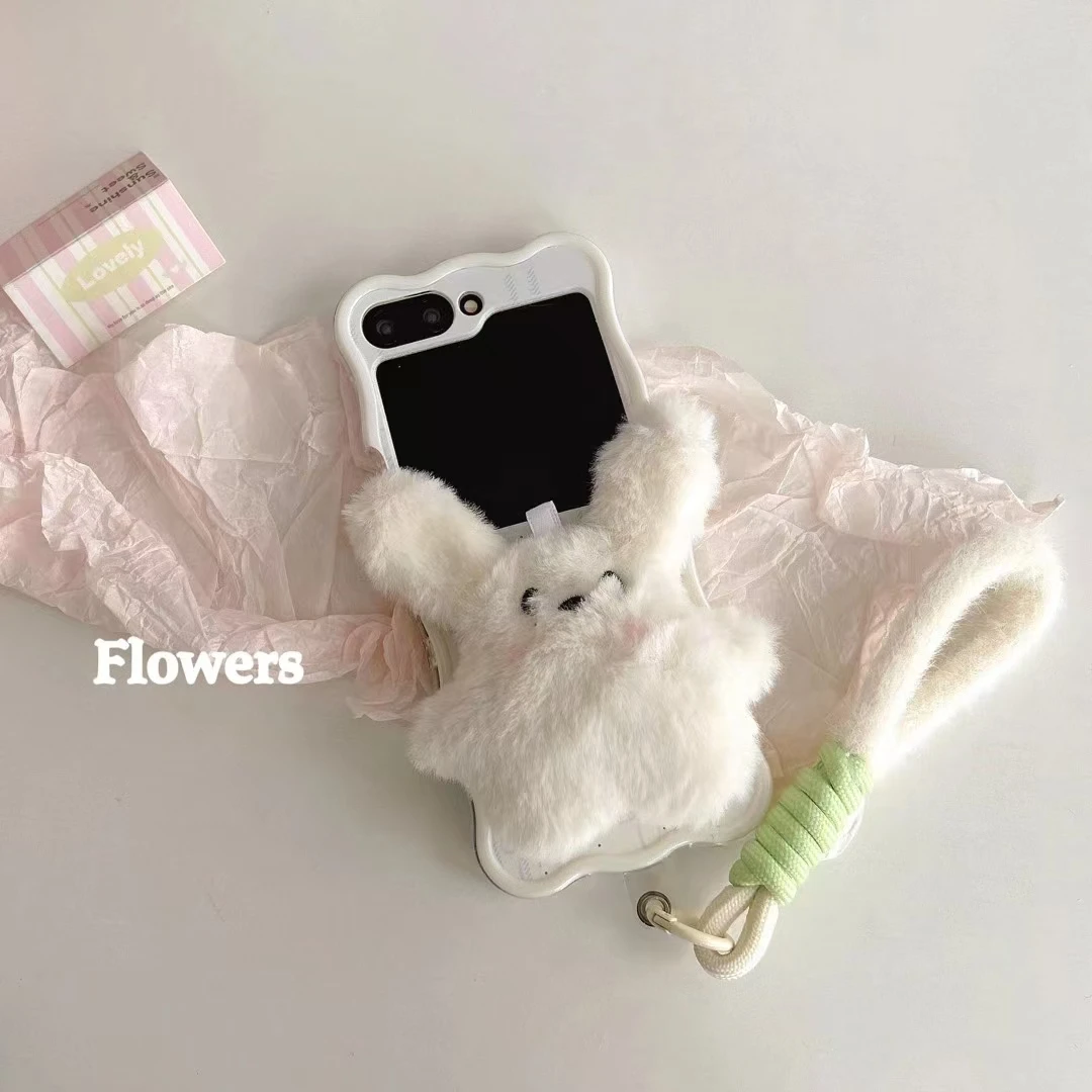 Luxury Crystal Cute Fur Rabbit Holder Wrist Strap Wave Phone Case Cover For Samsung Galaxy Z Flip 6 5 4 3 5G F7110 F7070