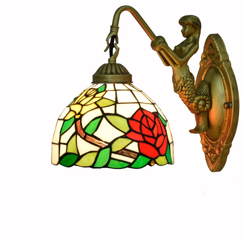 

Tiffany Wall Sconce Stained Glass Wall Lamp Red Flowers and Leave Lighting Fixture for Living Room, Stairwell, Corridor, Bedroom