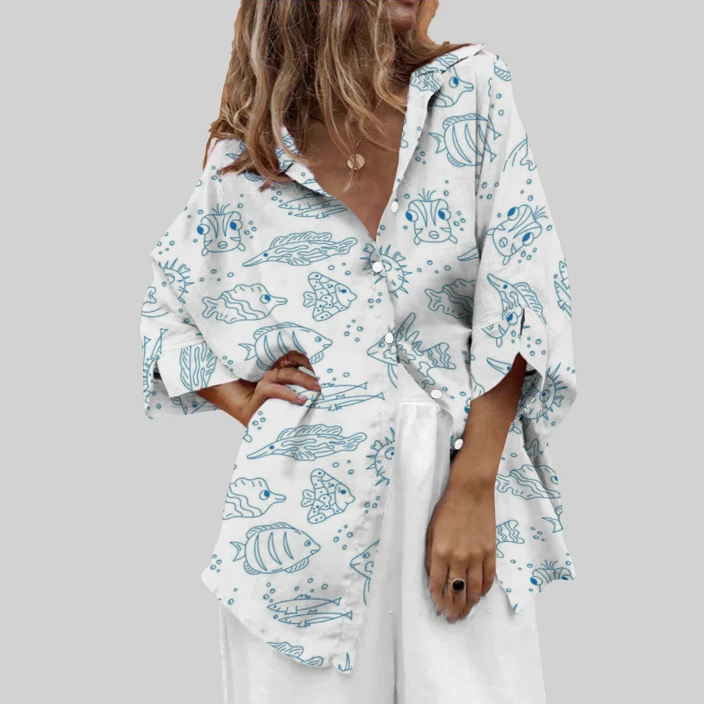 

Marine Life Prints Shirt Sea Life Vibes Exotic Fish Blouse women’s Beach Bliss shirts Summer Casual Beach vacation shirt