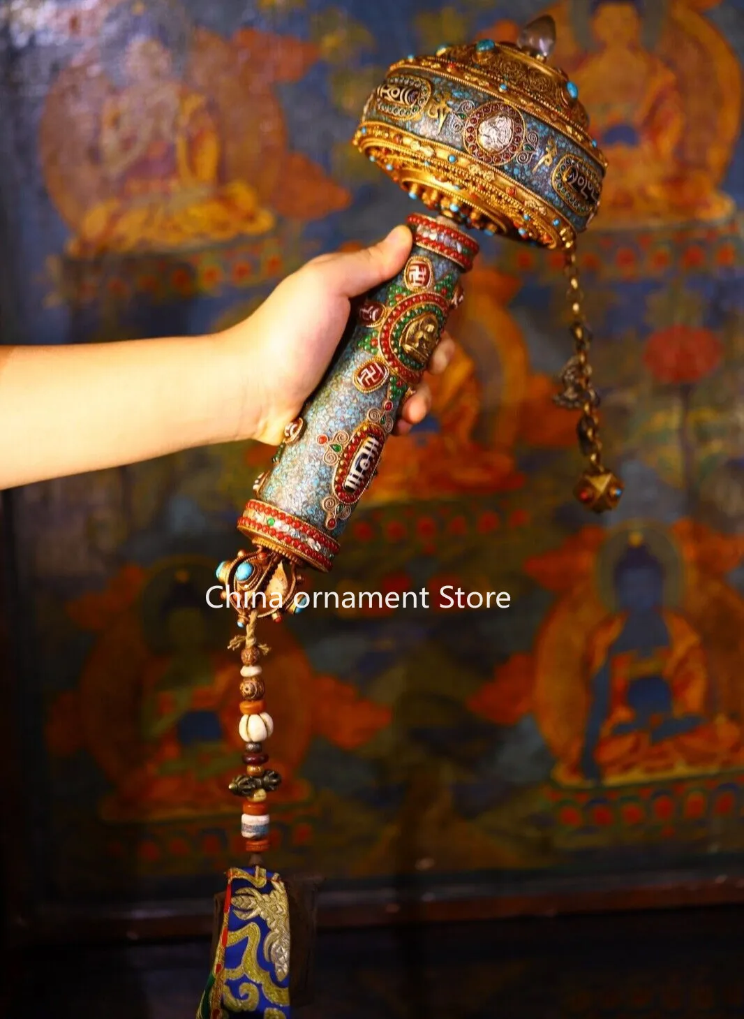 old Tibet Buddhism temple bronze Inlay shell gem DZi Warp wheel Prayer wheel
