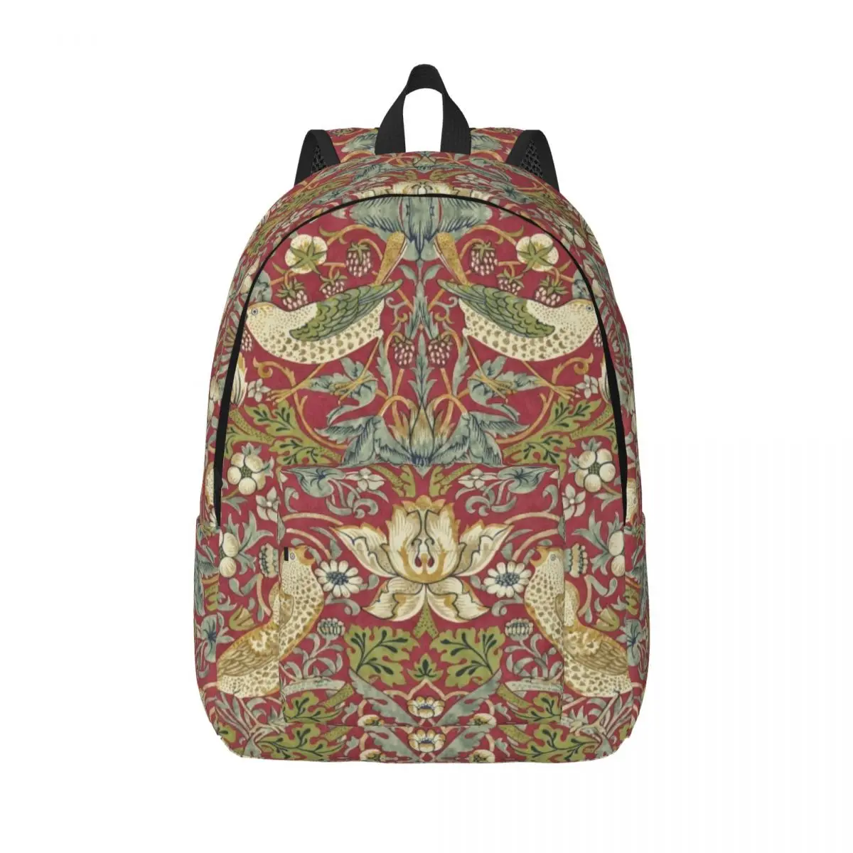 William Morris Strawberry Thief Red Travel Canvas Backpack School Laptop Bookbag Floral Textile Pattern College Daypack Bags