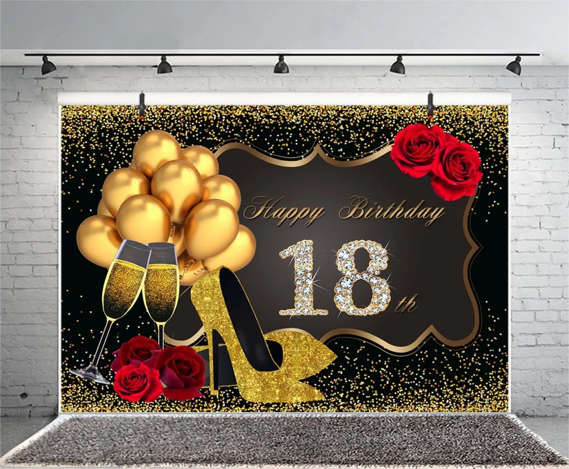 Happy 18th Birthday fondale Glitter Gold Boys Girls festa di compleanno di 18 anni fotografia sfondo Photo Booth puntelli