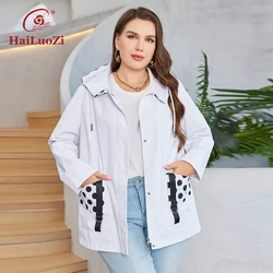 HaiLuoZi 2023 New Plus Size Women Clothing Short Hooded Trench Coat High Quality Windbreaker Polka Spot Women's Jackets 733